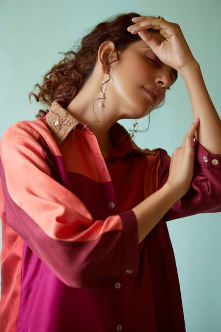 Buy_Medha_Multi Color Silk Collared Block Habutai Shirt _Online_at_Aza_Fashions