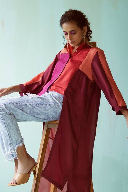 Shop_Medha_Multi Color Silk Collared Block Habutai Shirt _Online_at_Aza_Fashions