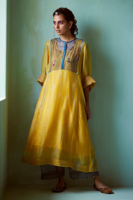 Medha_Yellow Chanderi, Silk Organza Embroidery Round Neck Kurta Set _Online_at_Aza_Fashions