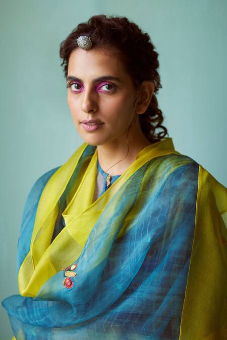 Shop_Medha_Yellow Chanderi, Silk Organza Embroidery Round Neck Kurta Set _Online_at_Aza_Fashions