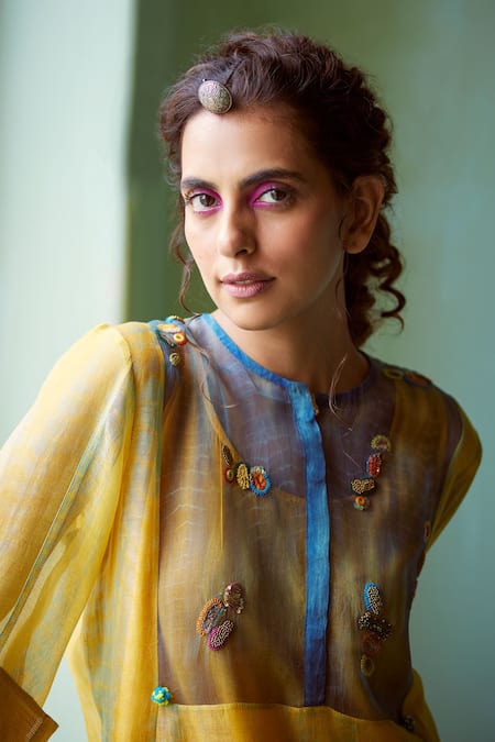 Medha_Yellow Chanderi, Silk Organza Embroidery Round Neck Kurta Set _at_Aza_Fashions