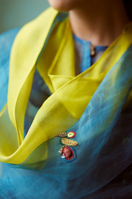 Buy_Medha_Yellow Chanderi, Silk Organza Embroidery Round Neck Kurta Set 