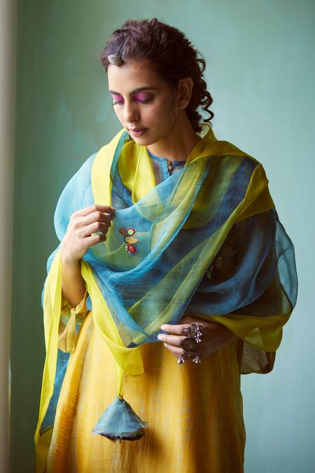 Shop_Medha_Yellow Chanderi, Silk Organza Embroidery Round Neck Kurta Set 