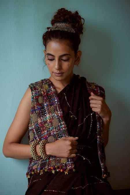 Medha_Black Silk, Cotton Beads Open Neck Handcrafted Embellished Jacket _Online_at_Aza_Fashions