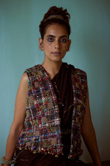 Buy_Medha_Black Silk, Cotton Beads Open Neck Handcrafted Embellished Jacket _Online_at_Aza_Fashions