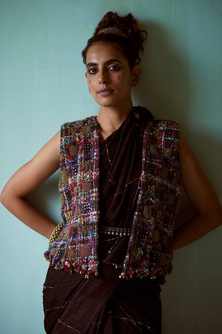 Shop_Medha_Black Silk, Cotton Beads Open Neck Handcrafted Embellished Jacket _Online_at_Aza_Fashions