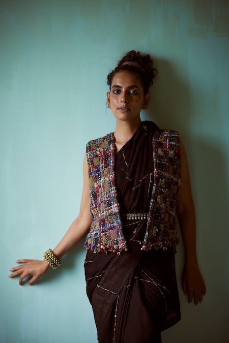 Medha_Black Silk, Cotton Beads Open Neck Handcrafted Embellished Jacket _at_Aza_Fashions