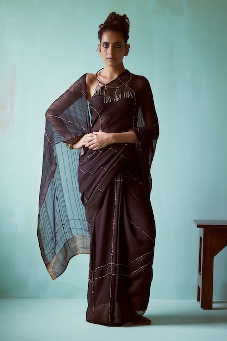 Buy_Medha_Black Chiffon, Brocade Embroidery V-neck Saree And Blouse Set _Online_at_Aza_Fashions