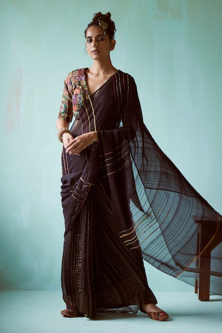 Shop_Medha_Black Chiffon, Brocade Embroidery V-neck Saree And Blouse Set _Online_at_Aza_Fashions