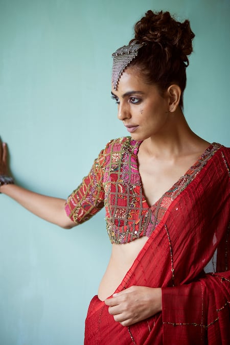 Medha_Red Chiffon Beads, Embroidery, Sequins V-neck Textured Saree Set _Online_at_Aza_Fashions
