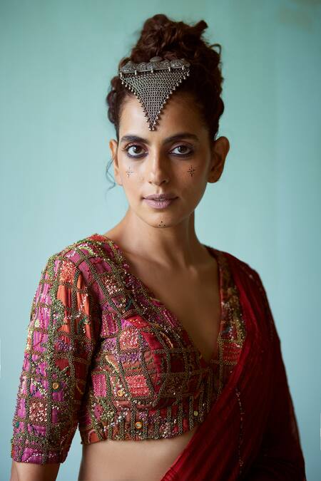 Medha_Red Chiffon Beads, Embroidery, Sequins V-neck Textured Saree Set _at_Aza_Fashions