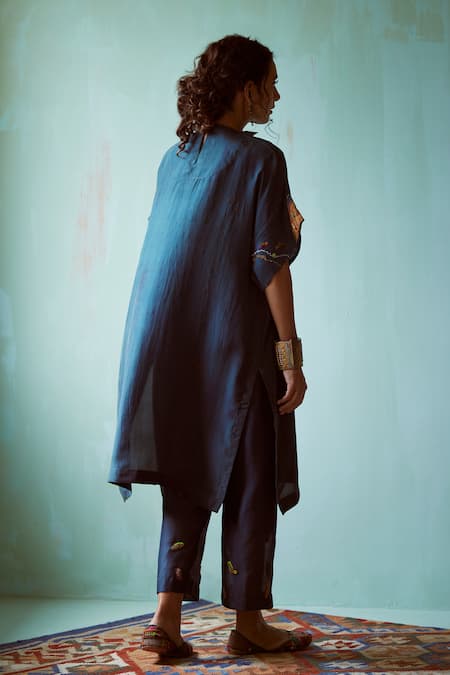 Medha Teal Blue Habutai Silk Tunic & Chanderi Pant 