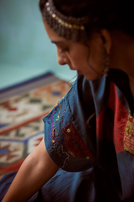 Medha Teal Silk, Chanderi Embroidery Collared Blue Habutai Tunic And Pant Online at Aza Fashions Medha_Teal Silk, Chanderi Embroidery Collared Blue Habutai Tunic And Pant _Online_at_Aza_Fashions