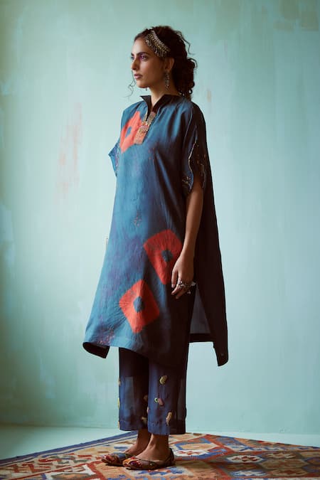 Shop Medha Teal Silk, Chanderi Embroidery Collared Blue Habutai Tunic And Pant Online at Aza Fashions Shop_Medha_Teal Silk, Chanderi Embroidery Collared Blue Habutai Tunic And Pant _Online_at_Aza_Fashions
