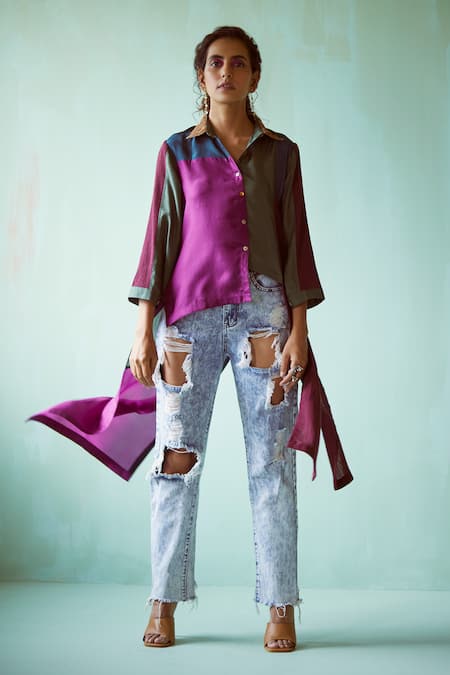 Medha Multi Color Silk Embroidery Collared Teal And Maroon Habutai Shirt
