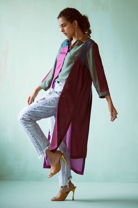 Buy_Medha_Multi Color Silk Embroidery Collared Teal And Maroon Habutai Shirt _Online_at_Aza_Fashions