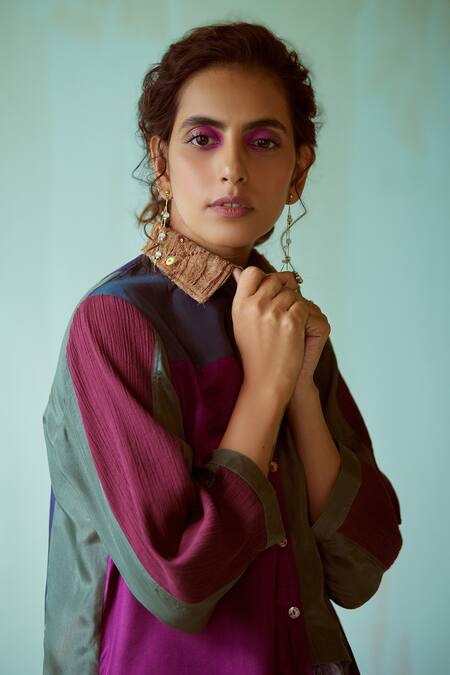 Shop_Medha_Multi Color Silk Embroidery Collared Teal And Maroon Habutai Shirt _Online_at_Aza_Fashions