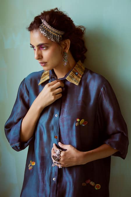 Buy_Medha_Blue Chanderi Embroidery Collared Teal Kurta Set _Online_at_Aza_Fashions