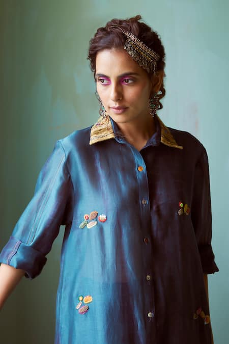 Shop_Medha_Blue Chanderi Embroidery Collared Teal Kurta Set _Online_at_Aza_Fashions