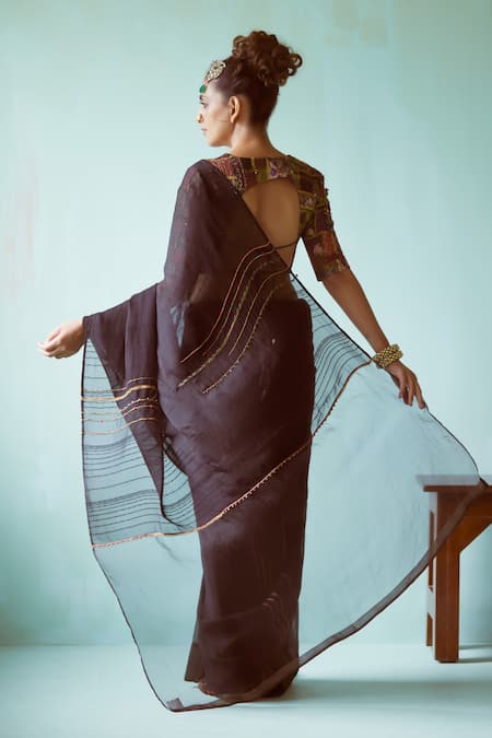 Medha Black Textured Striped Chiffon Saree 