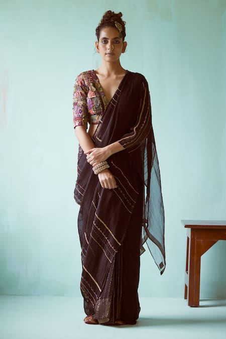 Medha Black Textured Striped Chiffon Saree 