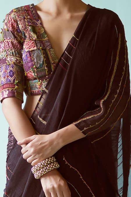 Shop_Medha_Black Chiffon Embroidery Textured Striped Saree _Online_at_Aza_Fashions