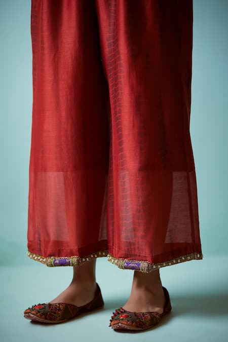 Medha_Orange Chanderi Embroidery Round Neck Dark Kurta And Pant Set _Online_at_Aza_Fashions