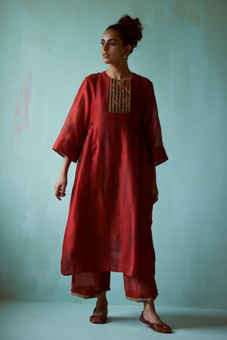 Shop_Medha_Orange Chanderi Embroidery Round Neck Dark Kurta And Pant Set _Online_at_Aza_Fashions
