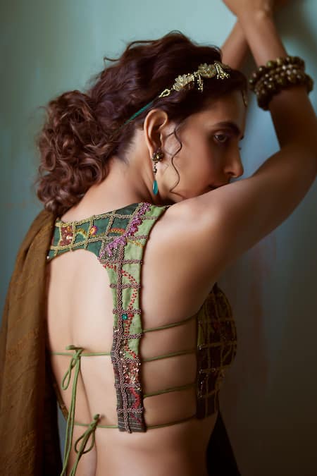 Medha_Green Chiffon Embroidery, Beads V-neck Designer Saree And Blouse Set _Online_at_Aza_Fashions