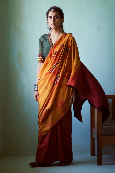 Shop_Medha_Yellow Silk Sequins, Embroidery V-neck Haldi Handwoven Saree And Blouse _Online_at_Aza_Fashions