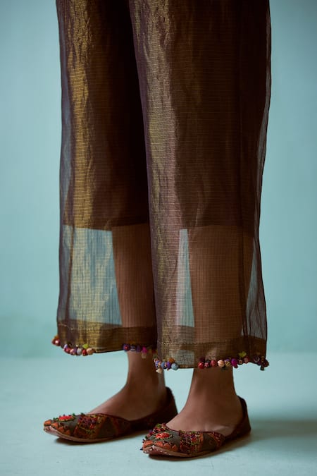 Buy_Medha_Black Tissue Embroidery, Beads Round Neck Habutai Silk Tunic And Pants Set _Online_at_Aza_Fashions