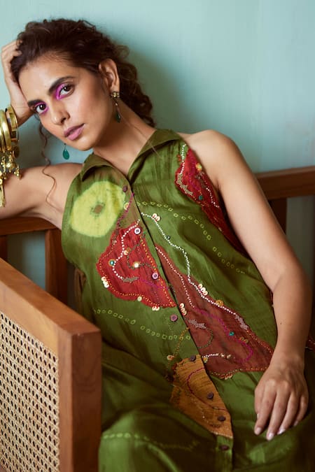 Medha_Green Silk, Chanderi Embroidery Collared Habutai Tunic And Pants _Online_at_Aza_Fashions