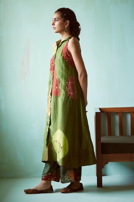 Buy_Medha_Green Silk, Chanderi Embroidery Collared Habutai Tunic And Pants _Online_at_Aza_Fashions