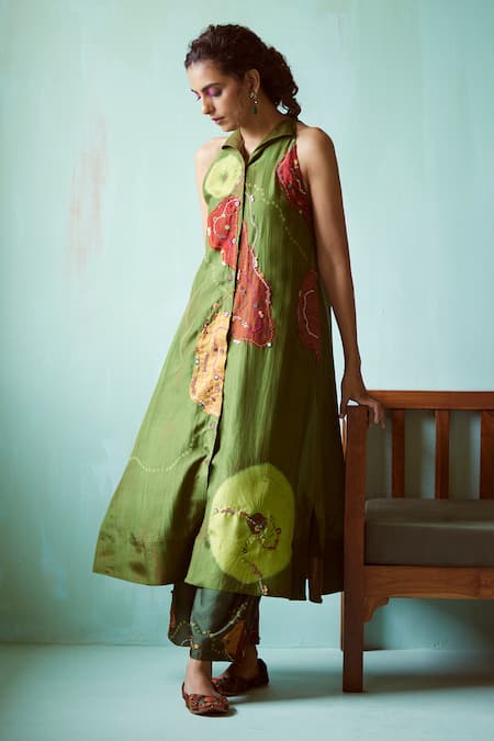 Medha Green Habutai Silk Tunic & Chanderi Pants 