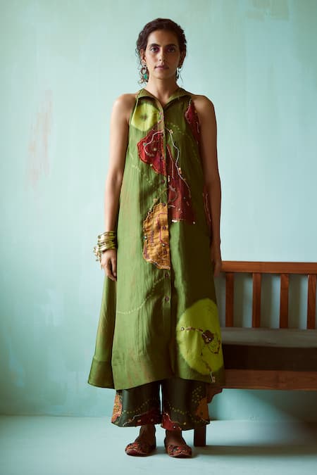 Shop_Medha_Green Silk, Chanderi Embroidery Collared Habutai Tunic And Pants _Online_at_Aza_Fashions