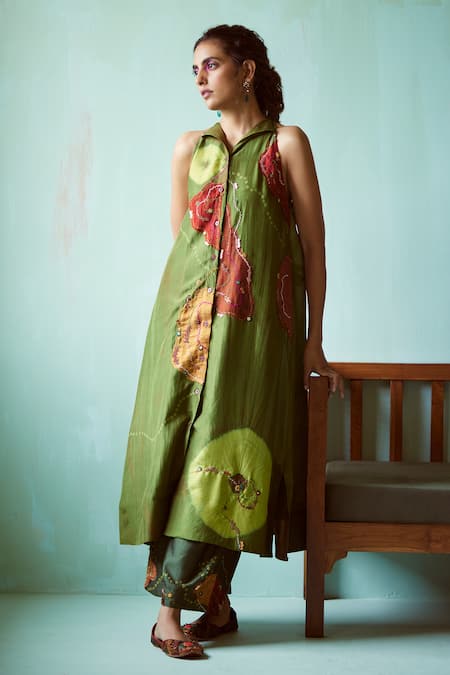 Medha_Green Silk, Chanderi Embroidery Collared Habutai Tunic And Pants _at_Aza_Fashions