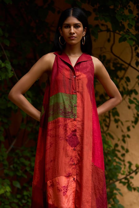 Medha Red Silk Collared Multi Color Pure Dress Online at Aza Fashions Medha_Red Silk Collared Multi Color Pure Dress _Online_at_Aza_Fashions