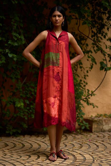 Buy Medha Red Silk Collared Multi Color Pure Dress Online at Aza Fashions Buy_Medha_Red Silk Collared Multi Color Pure Dress _Online_at_Aza_Fashions