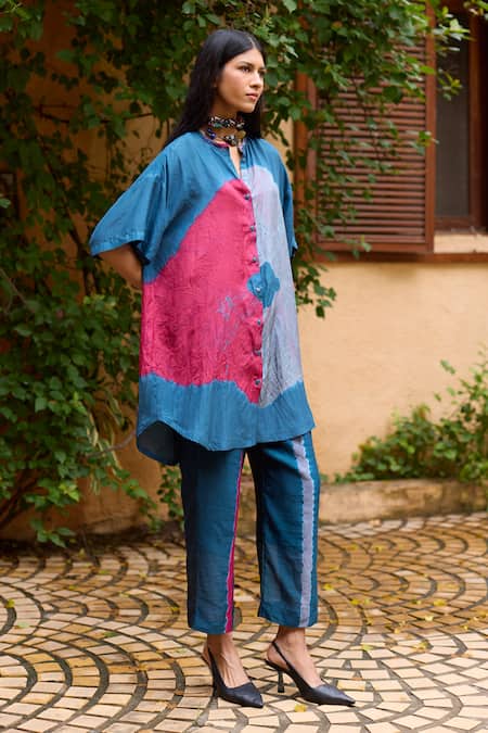 Medha Teal Blue Silk Tunic & Pant Set 