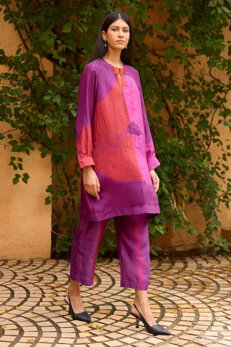 Shop Medha Purple Silk, Cotton Round Neck Tunic And Pant Set Online at Aza Fashions Shop_Medha_Purple Silk, Cotton Round Neck Tunic And Pant Set _Online_at_Aza_Fashions