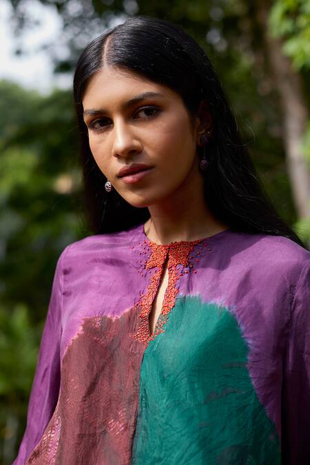 Medha_Purple Silk, Cotton Embroidery Keyhole Neck Tunic And Pant Set _Online_at_Aza_Fashions