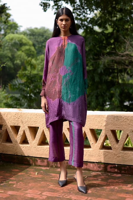 Medha Purple Silk, Cotton Embroidery Keyhole Neck Tunic And Pant Set