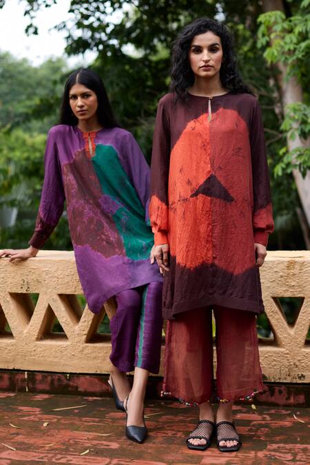 Buy_Medha_Purple Silk, Cotton Embroidery Keyhole Neck Tunic And Pant Set _Online_at_Aza_Fashions