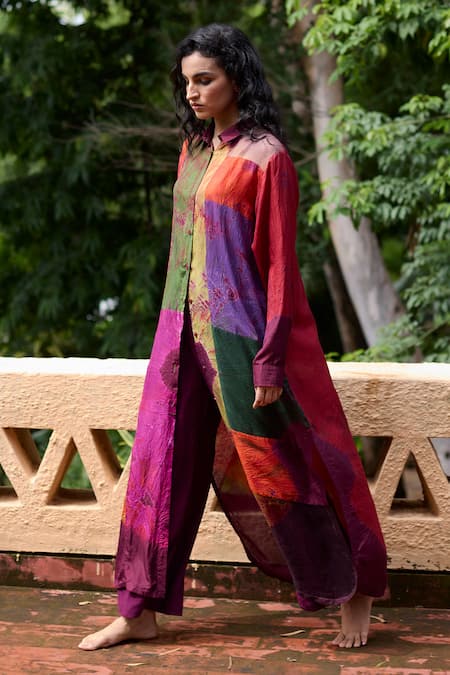 Medha_Multi Color Silk, Satin, Chiffon Embroidery Collared Tunic And Pants _Online_at_Aza_Fashions