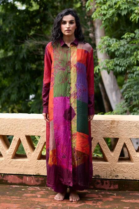 Buy_Medha_Multi Color Silk, Satin, Chiffon Embroidery Collared Tunic And Pants _Online_at_Aza_Fashions