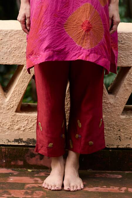 Medha_Pink Silk, Cotton Embroidery Collared And Red Handcrafted Tunic Set _Online_at_Aza_Fashions