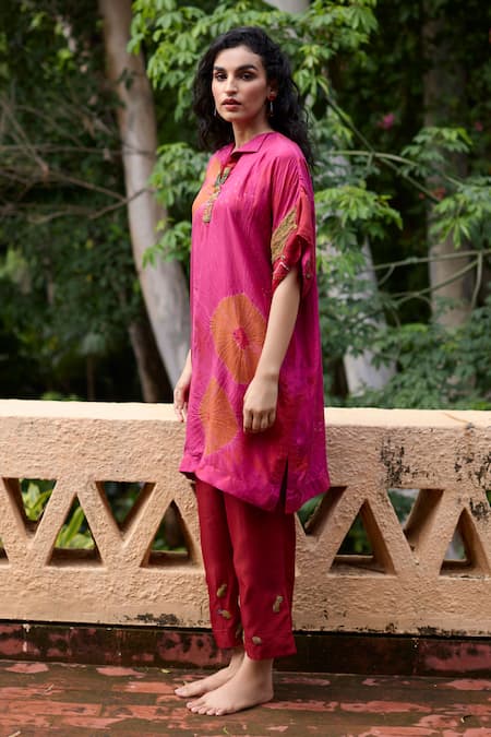 Medha Pink & Red Handcrafted Silk Tunic Set 