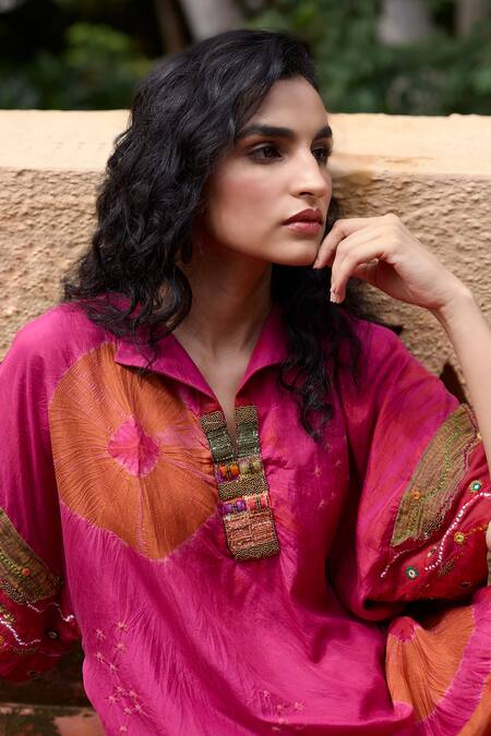 Buy_Medha_Pink Silk, Cotton Embroidery Collared And Red Handcrafted Tunic Set _Online_at_Aza_Fashions