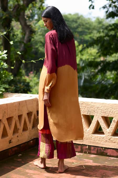 Medha Mustard & Maroon Silk Tunic Pant Set 