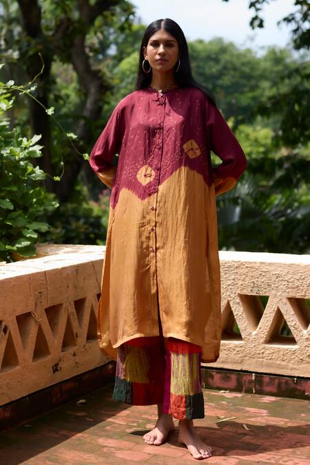 Medha_Mustard Silk Embroidery Collared And Maroon Tunic Pant Set _Online_at_Aza_Fashions